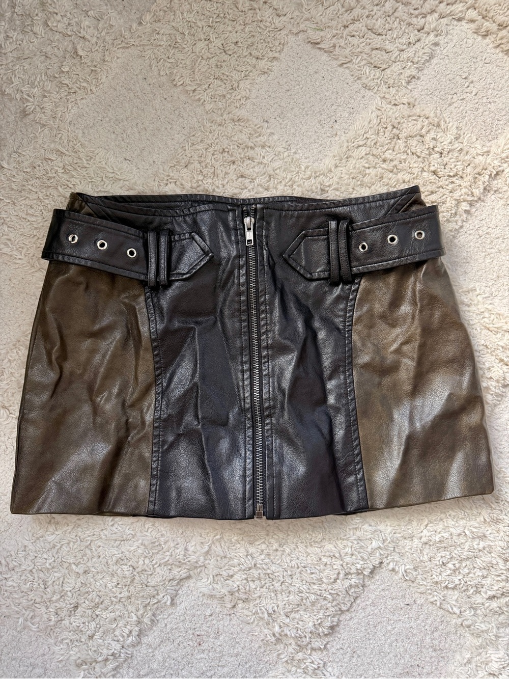 Outcast Kendra Black Faux Leather Zip-Front Mini Skirt with Belt-Tab Detail - Picture 2 of 5